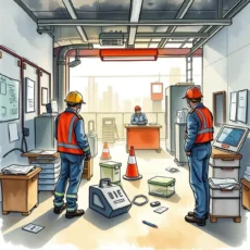 A busy workplace scene with safety investigators discussing incident reports in an industrial setting.