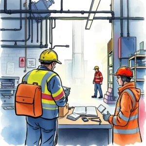 Safety professionals discussing incident reports in a workplace setting.