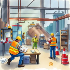 A busy industrial workspace with workers in safety gear reviewing documents and conducting an investigation.