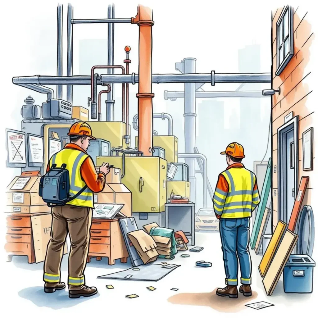 Witness statement summarizer: Condense witness interviews into key points 1 Workers analyzing a cluttered site to improve environmental safety standards.
