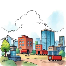 A vibrant urban scene depicting vehicles and buildings, representing IT communication tools.