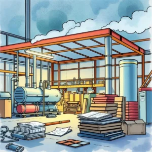 Incident report formatter: Structure incident reports for maintenance purposes 5 A well-organized maintenance facility featuring machinery and stacks of documentation