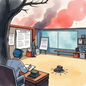 Illustration of a meeting on incident report insights for risk assessment.