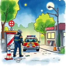 Officer evaluating a scene with police car and scattered reports.