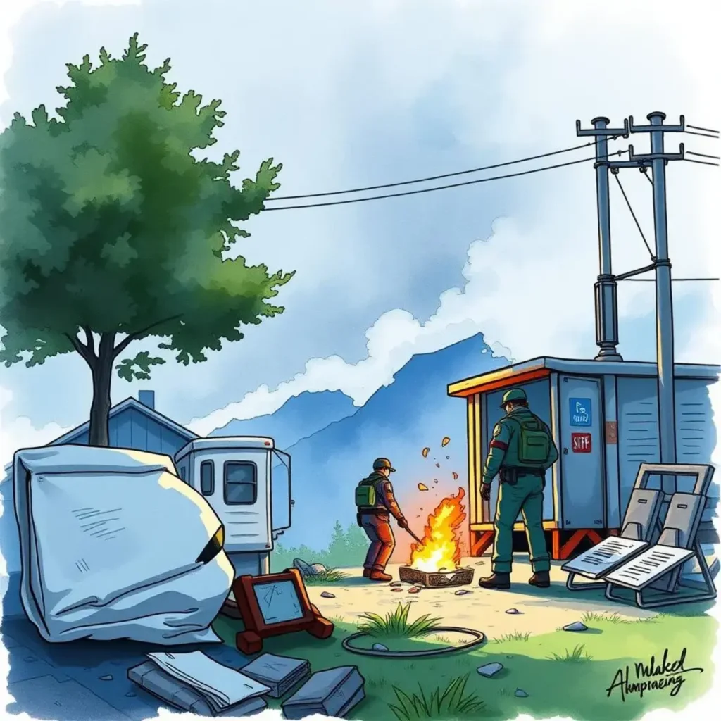 Two security personnel analyze data beside a fire in an incident scene.