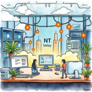 A vibrant illustration of IT professionals collaborating in a modern office setup, focusing on virtualization efficiency.