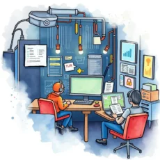 A team collaborates at a tech-savvy incident response workspace, focusing on planning and protocols.
