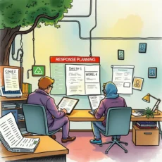 Two professionals collaborate on incident response planning in an office setting.