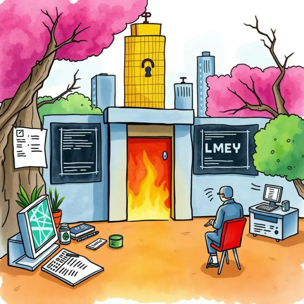 Response strategy message builder: Formulate effective incident response messages 1 A digital illustration depicting a person overlooking a fiery door, symbolizing incident response challenges.