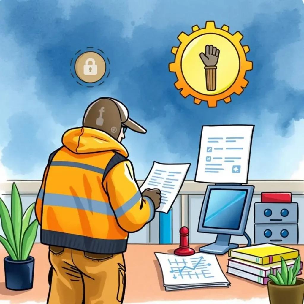 Incident summary simplifier: Condense incident reports into key points 1 Safety officer reviewing incident reports in an organized office setting.
