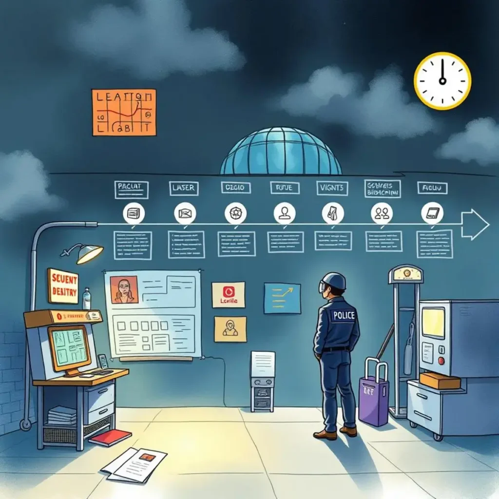 Incident timeline builder: Construct visual timelines of incidents 1 A police officer observes a digital incident timeline in an office.