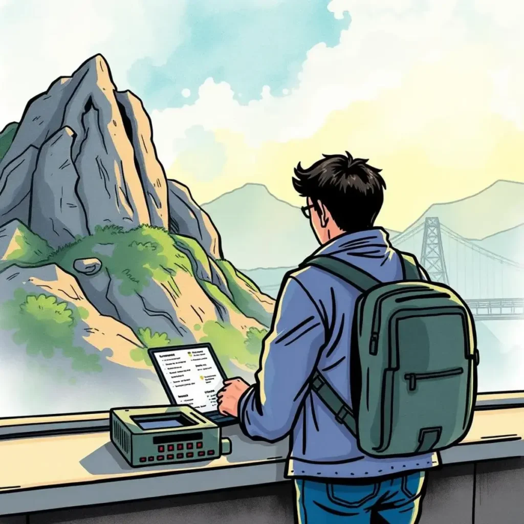 Industry shift notifier: Alert on changes in industry landscape 1 Person reviewing data on a device, overlooking a mountainous landscape.