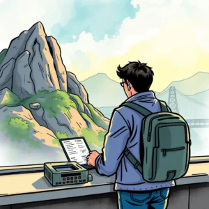 Industry shift notifier: Alert on changes in industry landscape 3 Person reviewing data on a device, overlooking a mountainous landscape.