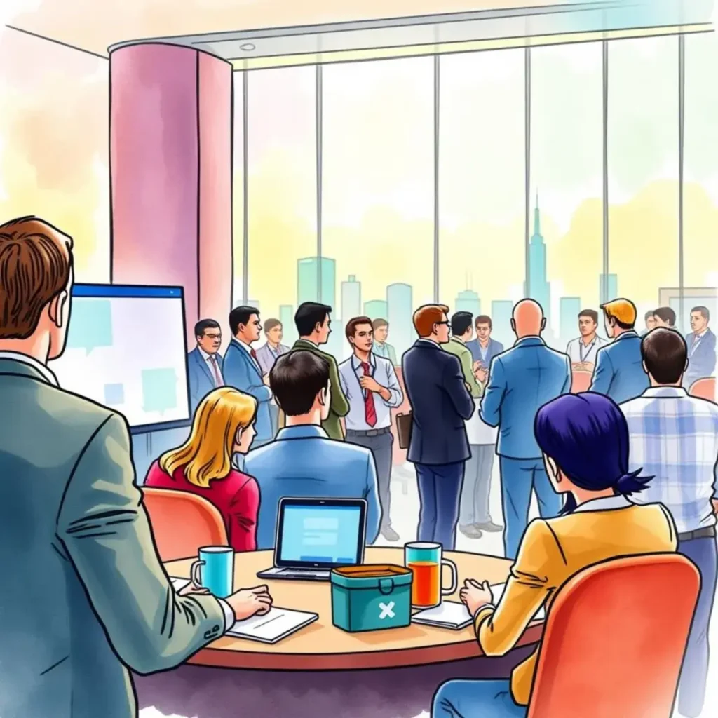 Industry trends summarizer: Analyze and summarize conference trends 1 Networking event in office with professionals discussing industry trends summarization.