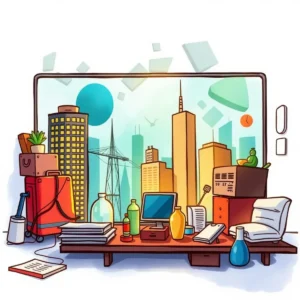 Industry trends summarizer: Generate insights on market trends from provided data 4 Colorful illustration of an office with urban skyline, symbolizing market insights.