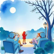 Two people in armchairs communicating with a young woman outdoors at dusk.
