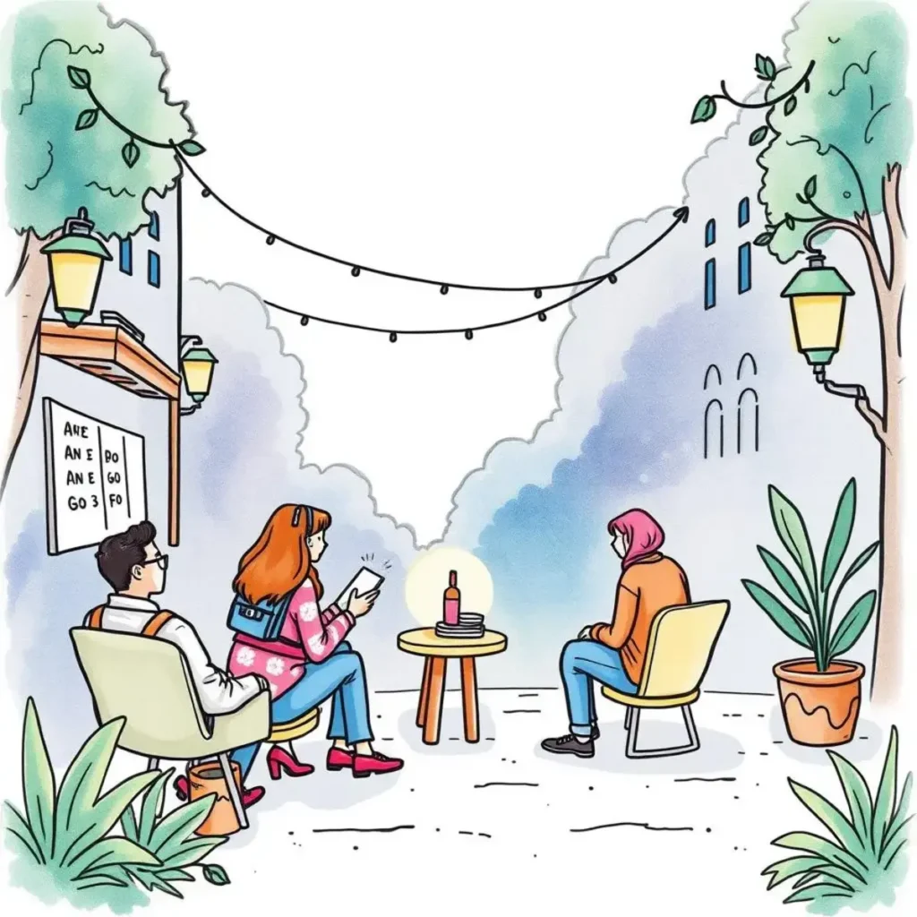 Influencer outreach text generator: Automatically generate communication for influencers 1 Group of influencers discussing collaboration in a vibrant outdoor setting.