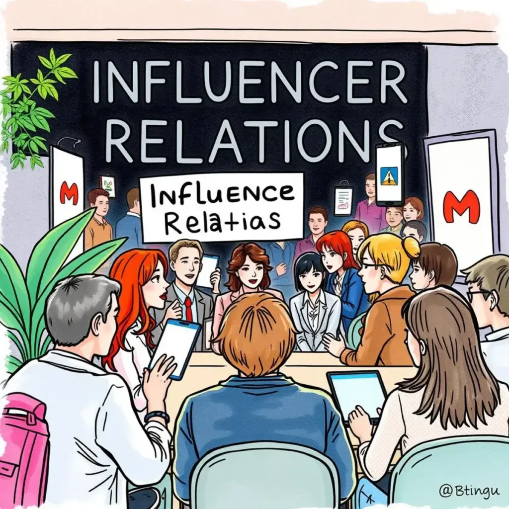 Influencer database builder: Create a database of influencers from user prompts 1 Team collaboration in influencer relations with diverse professionals engaging.