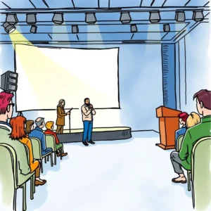A speaker addressing an audience with a presentation screen behind in a conference setting