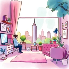 A cozy workspace overlooking a cityscape, ideal for post-sale support.