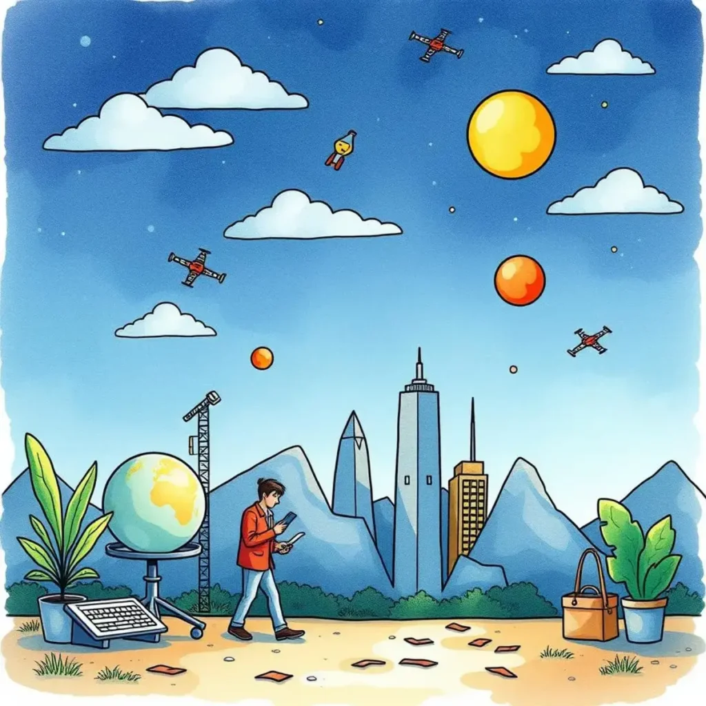 Innovation viability evaluator: Measure innovation potential through data analysis 1 A budding researcher analyzing innovation potential in a futuristic urban landscape