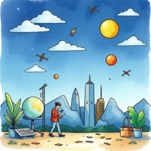 A budding researcher analyzing innovation potential in a futuristic urban landscape