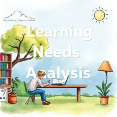 A person analyzing data at a desk surrounded by elements representing learning needs analysis in HR.