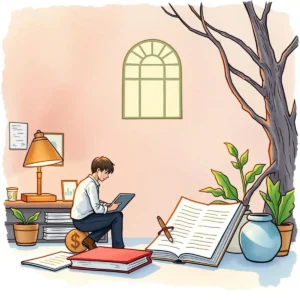 A financial professional analyzes documents in a serene office setting.