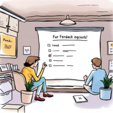 User researchers discuss user feedback insights with checklists on a projector screen.