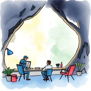 Two people collaborating in a modern workspace with a vast window view.
