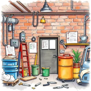 Cluttered workshop with inspection checklists and maintenance tools visible.