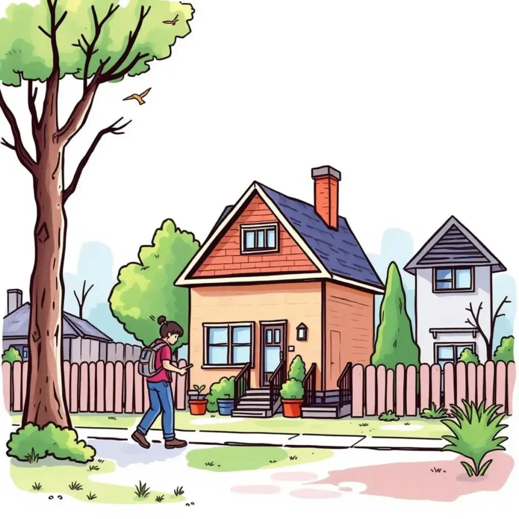 Person walking by a house, planning property inspections on mobile device.