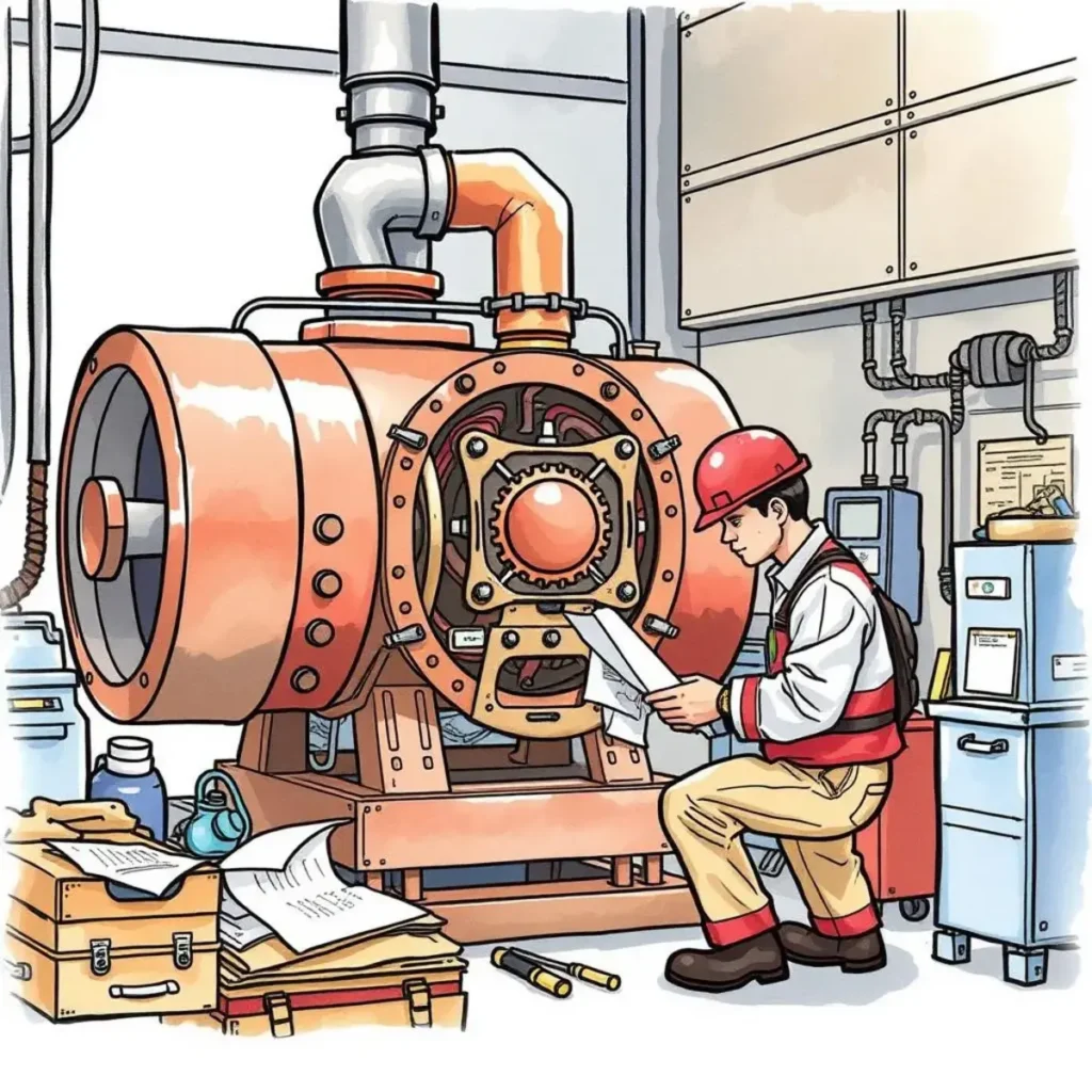 Inspection feedback generator: Produce feedback based on inspection results 1 Technician reviewing inspection feedback on machinery overhaul in manufacturing.