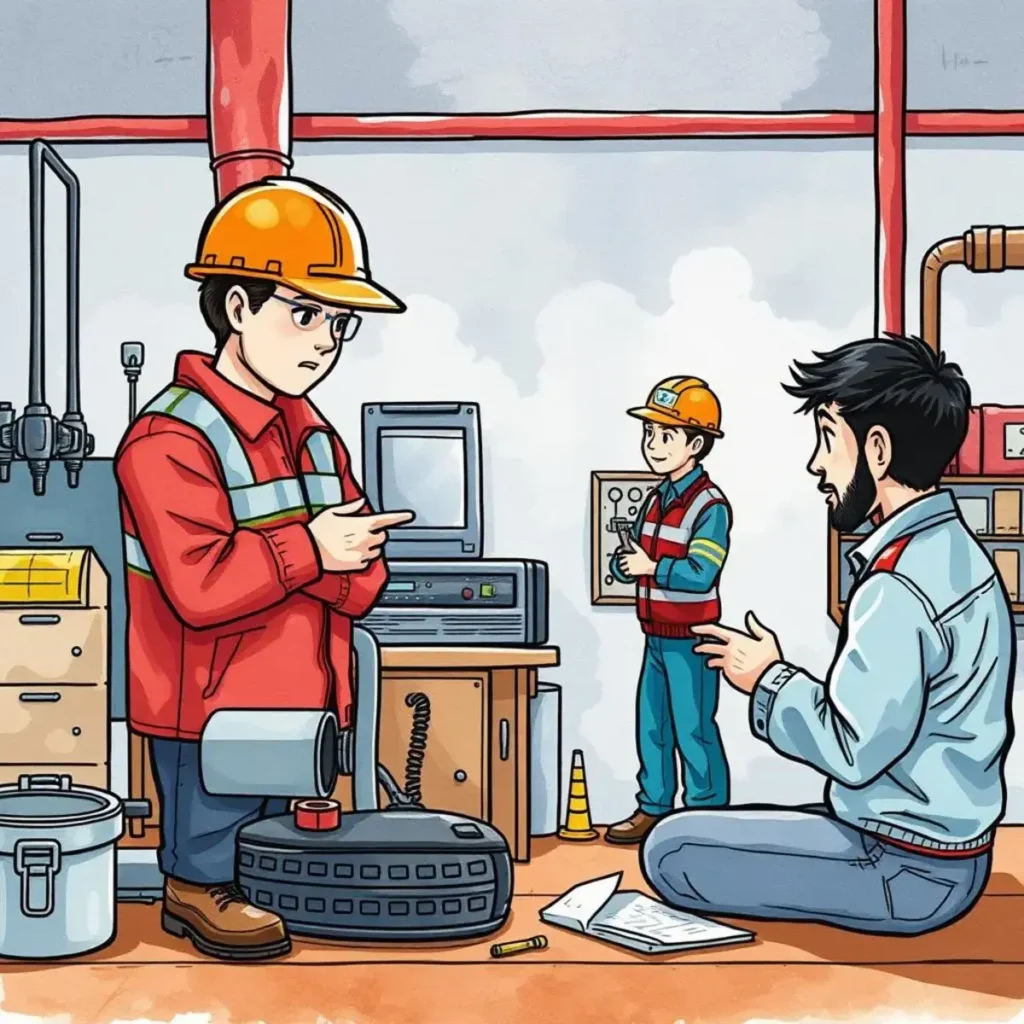Two workers discussing equipment inspection processes in a manufacturing setting.