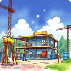 Construction site illustration depicting safety inspection procedures and evaluations.