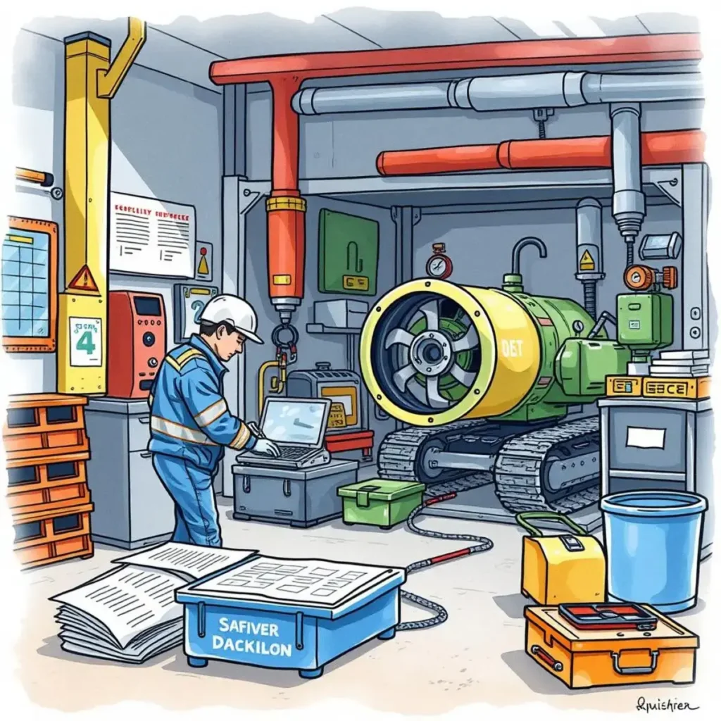 Inspection schedule organizer: Create organized schedules for upcoming inspections 1 Equipment technician organizing inspection schedules in a workshop.