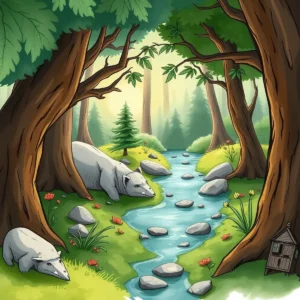 Inspiration brainstorming tool: Generate fresh design ideas from prompts 10 Serene forest scene with whimsical bears by a flowing stream.