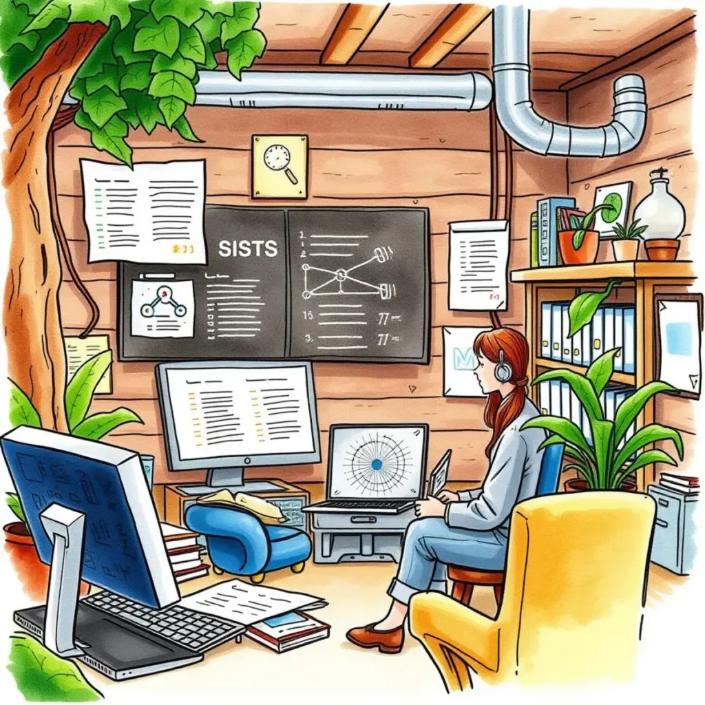 Instruction manual builder: Create user-friendly manuals for technical subjects 1 User engaged in developing an instruction manual in a cozy, tech-equipped workspace with plants.