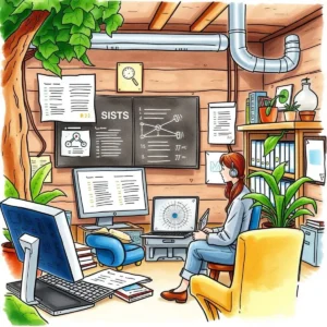 User engaged in developing an instruction manual in a cozy, tech-equipped workspace with plants.