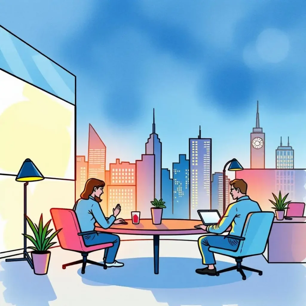 Integration status communicator: Craft concise integration progress updates 1 A vibrant office meeting scene featuring two professionals discussing integration status updates against a city skyline.