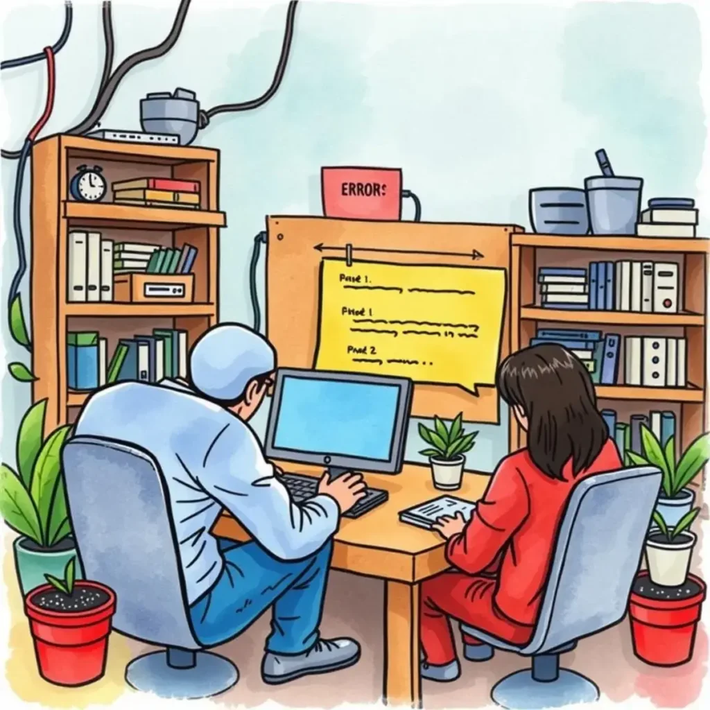 Error message expander: Create expanded explanations for errors 1 Two it professionals collaborating on error message explanations at a desk.
