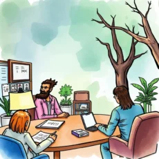Team discussing ethical policies in a collaborative workspace setting.