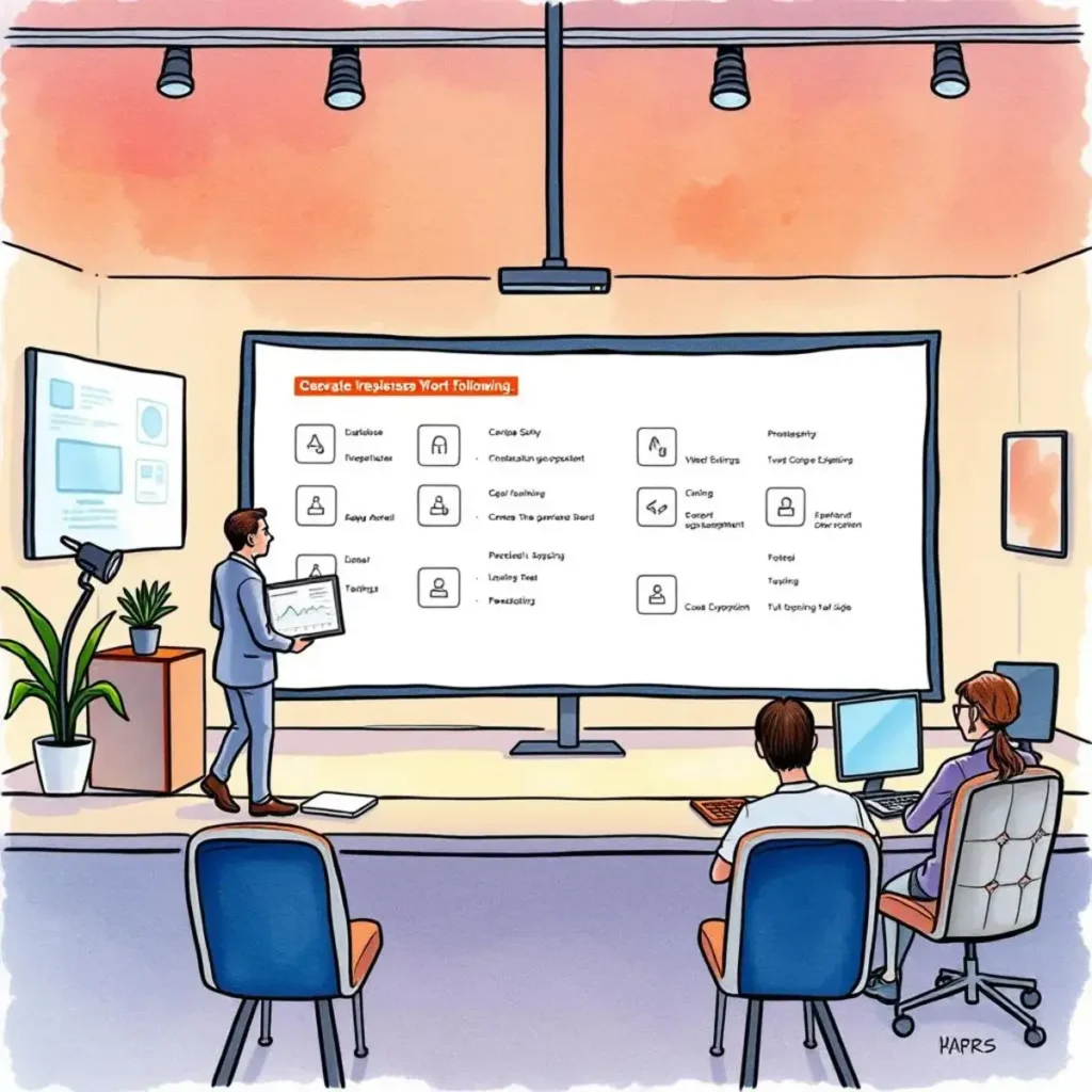 Interactive demo guide: Generate step-by-step guides for product demonstrations 1 Sales professional presenting product demo guide in a modern training room.