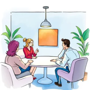 A group discussing competencies in a bright, modern interview setting with plants in the background.