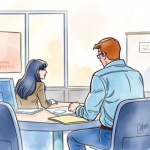 Two professionals discussing candidate feedback in a modern office setting.
