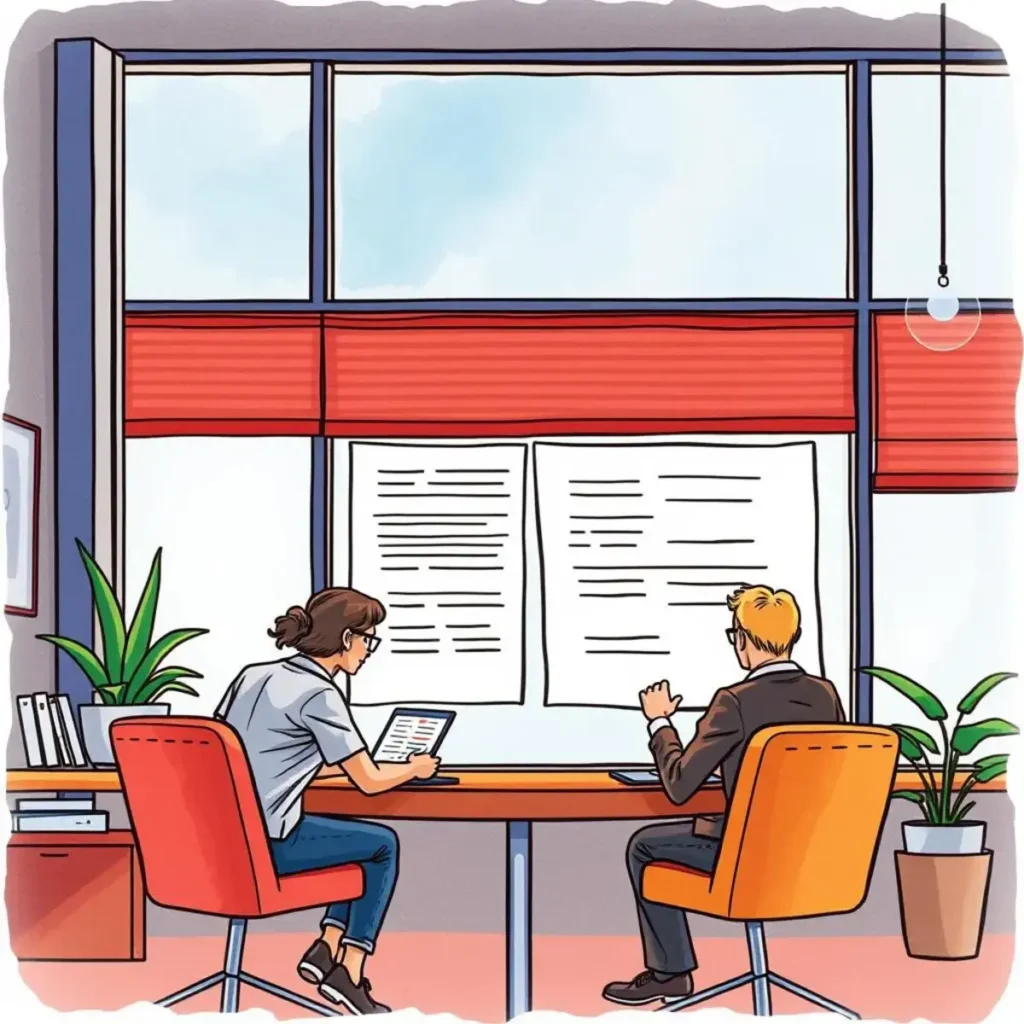 Interview insights generator: Summarize interview responses easily 1 A focused discussion between two professionals analyzing interview responses in a modern office setting.