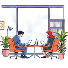Two professionals analyzing interview questions in a modern office setting with plants and natural light
