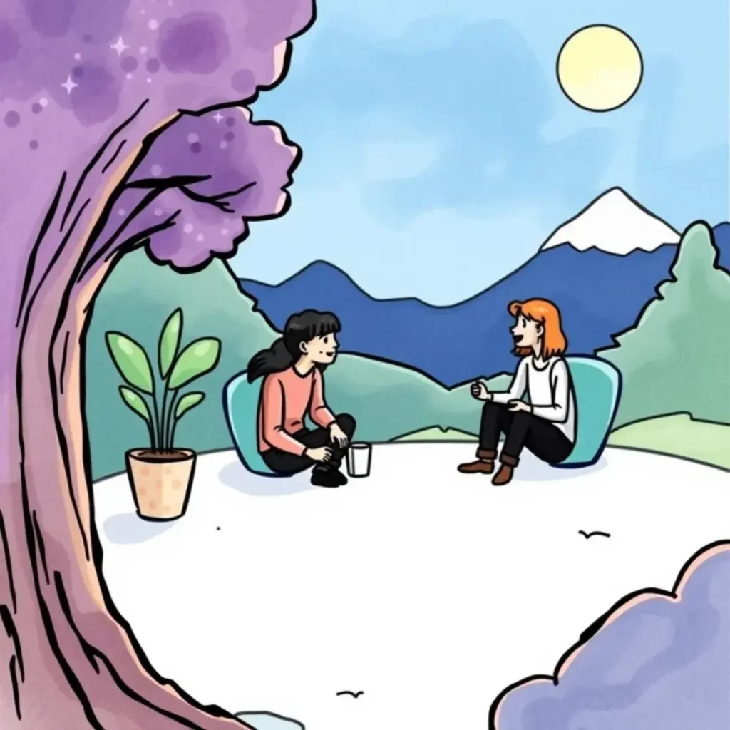 Interview script creator: Build structured scripts for user interviews 1 Users collaboratively discussing interview scripts in a serene outdoor setting.