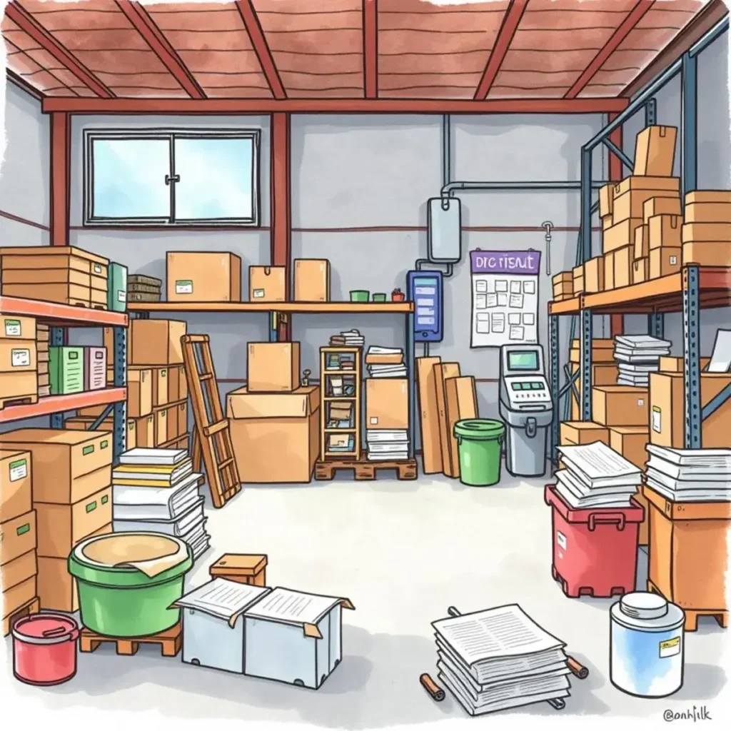 Inventory purge assistant: Generate lists of items to remove 1 Cluttered storage room with boxes, shelves, and inventory items.