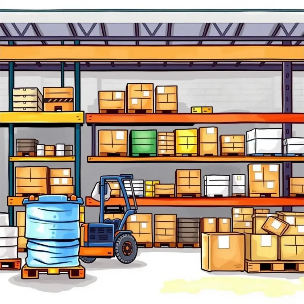 Inventory health report: Generate health reports for warehouse equipment inventory 1 Warehouse shelves stocked with equipment for inventory management.